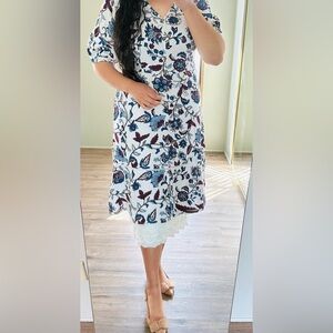Liz Claiborne White Midi Dress with Blue & Burgundy Floral Print